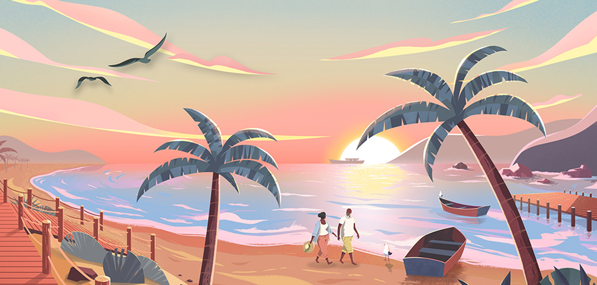 Illustration of a couple walking on the beach