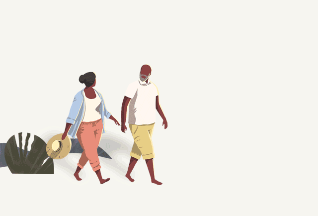 Illustration of a sunset beach scene with a couple walking