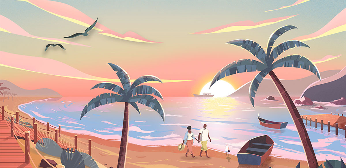 Illustration of a beach scene with a palm tree, sand, a boat, and a dock.