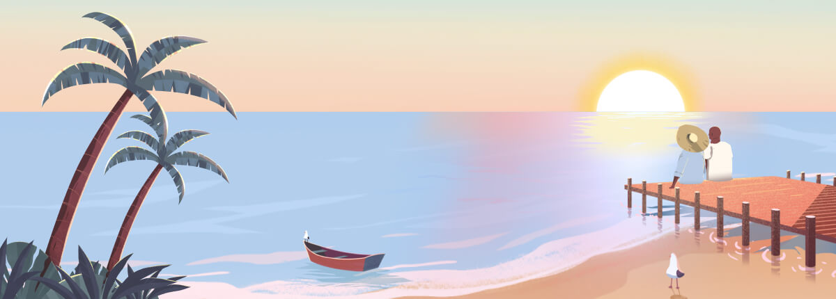 Illustration of a beach scene with a palm tree, sand, a boat, and a dock.