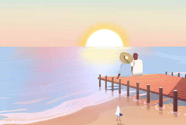 Illustration of a beach scene with a palm tree, sand, a boat, and a dock.