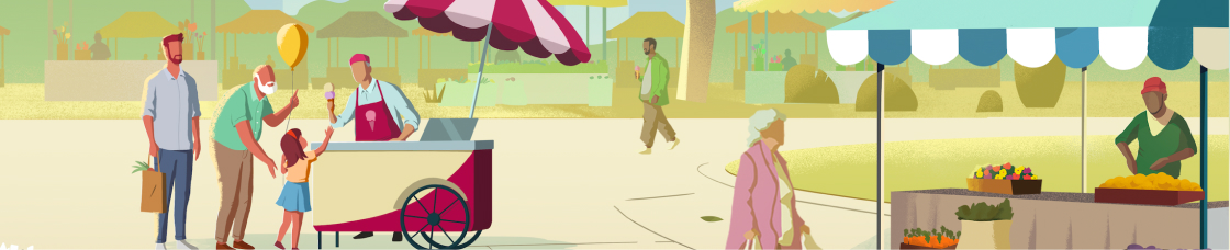 Illustration of a family buying ice cream at an outdoor market.