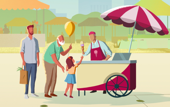 Illustration of a family buying ice cream at an outdoor market.